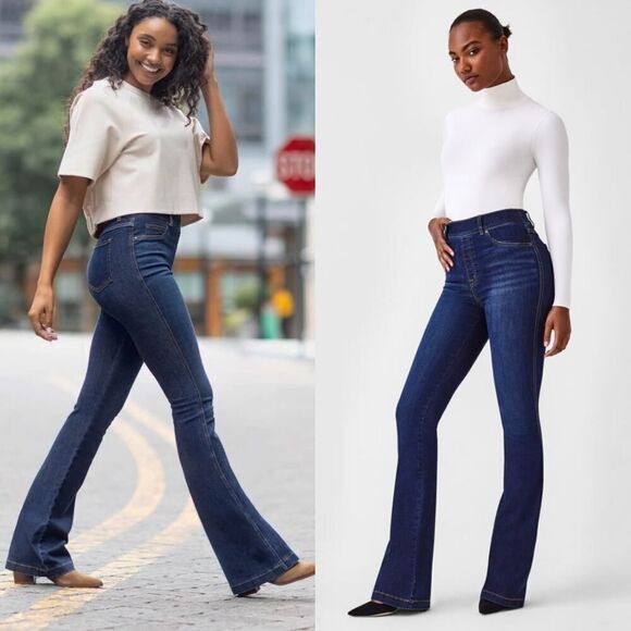 SPANX Denim Flare Jeans Midnight Shade L NWOT $148 - Picture 2 of 12